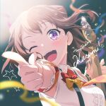 1girl ;d absurdres bang_dream! bangs blurry blurry_background blush bow bracelet breasts brown_hair character_name confetti dated english_text guitar hair_ornament happy_birthday highres holding holding_instrument instrument jewelry looking_at_viewer medium_breasts medium_hair multicolored_neckwear necktie nobusawa_osamu one_eye_closed open_mouth orange_bow purple_eyes red_bow shirt sidelocks sleeveless sleeveless_shirt smile solo star_(symbol) star_hair_ornament streamers suspenders sweat toyama_kasumi upper_body upper_teeth white_shirt 