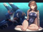  1girl barefoot black_swimsuit breasts brown_eyes brown_hair character_request commentary_request competition_swimsuit covered_navel gundam gundam_lost_war_chronicles highres itaco jacket jacket_on_shoulders large_breasts looking_at_viewer mecha medium_hair military_jacket navel noel_anderson one-piece_swimsuit sitting smile swimsuit yokozuwari 