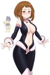  1boy 1girl bangs bare_shoulders black_bodysuit blush blush_stickers bodysuit boku_no_hero_academia breasts brown_eyes brown_hair cape center_opening cleavage collarbone cowboy_shot detached_sleeves gloves haeil2 highres large_breasts long_sleeves looking_at_viewer mineta_minoru navel open_mouth pussy shiny shiny_clothes shiny_hair short_hair simple_background solo_focus uraraka_ochako white_background yellow_cape yellow_footwear yellow_gloves 