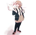  1girl bangs black_jacket black_legwear black_shirt bow brown_hair commentary danganronpa_(series) danganronpa_2:_goodbye_despair flipped_hair full_body gabby_(moochisun) hair_ornament hairclip highres jacket looking_at_another nanami_chiaki neck_ribbon open_clothes open_jacket pink_bow pink_footwear pleated_skirt plump ribbon shirt shirt_tucked_in shoes sketch skirt smile standing thighhighs usami_(danganronpa) white_shirt wings 