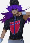  1boy bangs baseball_cap blurry champion_uniform closed_mouth commentary_request dark-skinned_male dark_skin facial_hair floating_hair frown hand_up hat highres leon_(pokemon) long_hair male_focus morio_(poke_orio) pokemon pokemon_(game) pokemon_swsh purple_hair shield_print shirt short_sleeves solo sword_print white_wristband wristband yellow_eyes 