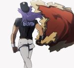  1boy baseball_cap black_headwear cape champion_uniform dark-skinned_male dark_skin dynamax_band floating_hair from_behind fur-trimmed_cape fur_trim gloves hat highres holding holding_cape leggings leon_(pokemon) long_hair male_focus morio_(poke_orio) pokemon pokemon_(game) pokemon_swsh purple_hair red_cape shirt short_shorts short_sleeves shorts single_glove solo white_legwear white_shorts wristband 