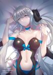  1girl bangs black_bow black_dress blue_choker blue_eyes bow braid breasts center_opening choker cleavage collarbone commentary_request dress fate/grand_order fate_(series) french_braid grey_hair hair_bow highres large_breasts long_hair long_sleeves looking_at_viewer lying morgan_le_fay_(fate) navel off-shoulder_dress off_shoulder on_back pelvic_curtain ponytail revision shiro_font sidelocks two-tone_dress very_long_hair white_dress wide_sleeves 