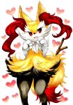  1girl animal_ear_fluff animal_ears animal_nose black_fur body_fur braixen commentary english_commentary flat_chest fox_ears fox_girl fox_tail furry gen_6_pokemon hands_up happy heart heart_background highres looking_at_viewer marker_(medium) mofuo open_mouth pokemon pokemon_(creature) red_eyes simple_background smile snout solo standing stick tail traditional_media white_background white_fur yellow_fur 