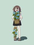  1other :d absurdres androgynous avogado6 black_shorts blue_background blue_flower brown_hair closed_eyes commentary_request facing_viewer flower flower_request freckles grey_flower highres holding holding_plant holding_pot open_mouth original plant pot potted_plant prosthesis prosthetic_leg shirt shoes shorts simple_background smile solo white_shirt 