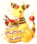  ampharos brown_eyes cake cake_slice closed_mouth commentary cream dessert food fruit full_body gen_2_pokemon happy highres holding holding_food leaf mint mofuo oversized_food pokemon pokemon_(creature) sideways_mouth simple_background sitting smile sponge_cake star_(symbol) starry_background strawberry wafer_stick white_background 