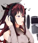  1girl absurdres bare_shoulders blue_eyes commentary hands_on_headphones headphones heterochromia highres hololive hololive_english irys_(hololive) microphone namii_(namialus_m) open_mouth purple_eyes purple_hair studio_microphone symbol_commentary upper_teeth virtual_youtuber 