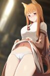  animal_ears blush brown_hair clothes_lift ginhaha highres holding holding_clothes holding_skirt holo long_hair looking_at_viewer navel panties pouch red_eyes self_exposure skirt skirt_lift smile spice_and_wolf tail underwear wolf_ears wolf_girl wolf_tail 