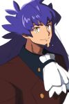  1boy bangs buttons closed_mouth cravat dark-skinned_male dark_skin facial_hair highres leon_(pokemon) long_hair looking_at_viewer male_focus morio_(poke_orio) pokemon pokemon_(game) pokemon_swsh purple_hair sketch smile solo tailcoat upper_body white_background white_neckwear yellow_eyes 