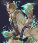  1boy ahoge aladdin_(sinoalice) animal_ears belt black_background blonde_hair blue_eyes buckle cat_ears claws coat fangs fur-trimmed_jacket fur_trim glowing glowing_eyes highres jacket looking_at_viewer male_focus ogamiomi open_mouth paws short_hair simple_background sinoalice solo 