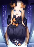  1girl abigail_williams_(fate) alternate_breast_size black_bow black_dress blonde_hair bow breasts commentary_request dark_room dress eyelashes fate/grand_order fate_(series) forehead hair_bow highres huge_breasts light_blue_eyes long_hair long_sleeves looking_at_viewer multiple_bows multiple_hair_bows older orange_bow polka_dot polka_dot_bow shoes sleeves_past_fingers sleeves_past_wrists solo translation_request very_long_hair watosu 