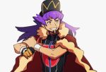  1boy bangs baseball_cap bright_pupils cape champion_uniform commentary_request dark-skinned_male dark_skin dynamax_band facial_hair fur-trimmed_cape fur_trim gloves grin hand_on_own_arm hands_up hat leon_(pokemon) long_hair looking_to_the_side male_focus morio_(poke_orio) partially_fingerless_gloves pokemon pokemon_(game) pokemon_swsh purple_hair red_cape shield_print shirt short_sleeves simple_background single_glove smile solo sword_print teeth upper_body white_background white_pupils yellow_eyes 