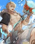  1boy abs ahoge aladdin_(sinoalice) blonde_hair blue_eyes bubble flower happy highres jacket jewelry looking_at_viewer male_focus male_swimwear necklace ogamiomi open_clothes open_jacket open_mouth shirtless short_hair shorts sinoalice sky solo splashing staff summer sweat water wet 