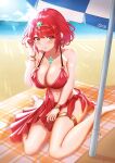  1girl absurdres alternate_costume bangs beach breasts chest_jewel headpiece highres large_breasts ocean parasol pyra_(xenoblade) red_eyes red_hair sand short_hair solo sunlight swept_bangs swimsuit taro_(pixiv34317323) tiara umbrella xenoblade_chronicles_(series) xenoblade_chronicles_2 