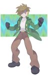  1boy absurdres bangs belt belt_buckle blonde_hair brown_pants buckle buttons clenched_hands coat frontier_brain full_body gloves green_coat grey_footwear grey_gloves grin hands_up highres legs_apart long_sleeves male_focus mimura_(nnnnnnnnmoo) open_clothes open_coat palmer_(pokemon) pants pokemon pokemon_(game) pokemon_dppt shirt shoes short_hair smile solo standing teeth white_shirt 