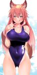  1girl animal_ear_fluff animal_ears bangs bare_shoulders blush breasts cleavage collarbone covered_navel fate/extra fate_(series) fox_ears fox_girl fox_tail hair_between_eyes highleg highleg_swimsuit highres large_breasts long_hair looking_at_viewer one-piece_swimsuit pink_hair sabi_(rupf2384) sidelocks swimsuit tail tamamo_(fate)_(all) tamamo_no_mae_(fate) thighs yellow_eyes 