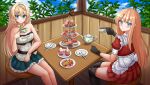  2girls aizawa_azusa animal anna_wimbeldon apron bare_arms bare_shoulders black_legwear blonde_hair blue_eyes blue_skirt blush braid breasts brown_hair bug butterfly cleavage closed_mouth collarbone commentary crossover cup cupcake day dress english_commentary feet_out_of_frame food fork frilled_apron frilled_skirt frills hair_intakes highres holding holding_cup insect kazenokaze knife long_hair multiple_girls pleated_dress puffy_short_sleeves puffy_sleeves red_dress release_that_witch saucer short_sleeves skirt slime_taoshite_300_nen_shiranai_uchi_ni_level_max_ni_nattemashita small_breasts smile strapless teacup teapot thighhighs tiered_tray very_long_hair waist_apron white_apron 