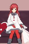  1girl blush chigusa_asuha closed_mouth couch dress feet_out_of_frame fur-trimmed_dress fur_trim gloves hat holding holding_sack long_hair long_sleeves looking_at_viewer neck_ribbon on_couch pantyhose qualidea_code red_eyes red_gloves red_hair red_legwear ribbon sack santa_hat sekiya_asami sitting solo white_dress 