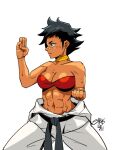  1girl abs baggy_pants bandaid bandaid_on_nose belt bigdumsirk black_hair bra breasts choker cleavage clenched_hand clothes_around_waist dougi fighting_stance karate_gi makoto_(street_fighter) md5_mismatch midriff navel pants red_bra resolution_mismatch ribbon_choker short_hair simple_background solo source_larger stomach street_fighter sweat underwear white_background 