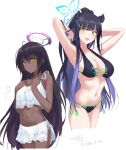  2girls animal_ears arms_behind_head bikini black_hair blue_archive blue_bikini blue_hair breasts cleavage cowboy_shot dark-skinned_female dark_skin green_eyes green_trim hair_ornament halo highres karin_(blue_archive) kyuuri_(miyako) lace_trim large_breasts long_hair multiple_girls navel shun_(blue_archive) side-tie_bikini sketch swimsuit white_background white_bikini 