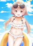  1girl arms_behind_back azu_ruril blue_archive blush breasts cloud collarbone commentary_request eyewear_on_head halo hifumi_(blue_archive) innertube light_brown_hair navel open_mouth sky small_breasts solo sunglasses swimsuit yellow_eyes 