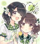  2girls ;d bangs black_hair blush bow brown_eyes brown_hair collared_dress commentary_request dated dress eyebrows_visible_through_hair flower green_bow green_sailor_collar grey_eyes hair_flower hair_ornament hairclip hands_on_another&#039;s_shoulders highres looking_at_viewer multiple_girls one_eye_closed open_mouth original plaid plaid_bow plaid_sailor_collar sailor_collar sailor_dress sakura_oriko sample short_sleeves signature sleeveless sleeveless_dress smile upper_body white_dress white_flower 