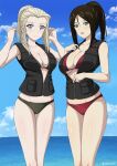  2girls bikini black_hair black_vest blonde_hair blue_eyes blue_sky breasts clara_(girls_und_panzer) cleavage closed_mouth cloud feet_out_of_frame girls_und_panzer green_bikini hair_between_eyes hair_over_shoulder hands_up high_ponytail highres inoshira insignia large_breasts light_blue_eyes long_hair looking_at_viewer medium_breasts multiple_girls nonna_(girls_und_panzer) ocean open_mouth ponytail red_bikini sky smile swimsuit thighs vest water zipper zipper_pull_tab 