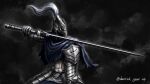  1boy absurdres armor artorias_the_abysswalker blue_cape cape commentary_request dark_souls_i derrick_gear_up full_armor gauntlets helmet highres holding holding_sword holding_weapon knight korean_commentary looking_to_the_side male_focus pauldrons plume shoulder_armor signature solo souls_(series) sword weapon 