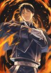 1boy absurdres adjusting_clothes aiguillette amestris_military_uniform backlighting black_eyes black_hair blue_jacket blue_pants closed_eyes clothes_grab collared_jacket dark_background darkness expressionless fire flame fullmetal_alchemist gloves hands_up hara_kenshi head_tilt highres jacket looking_at_viewer male_focus military military_uniform motion_blur pants roy_mustang snapping_fingers sparks spiked_hair tsurime uniform upper_body white_gloves 