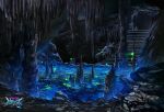  akky_(akimi1127) cave cave_interior commentary_request copyright_name glowing highres lake monsters_abyss no_humans official_art scenery stairs stalactite stalagmite stone_stairs water watermark 