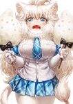  1girl animal_ears big_hair blue_eyes blue_neckwear blue_skirt blush commentary_request cotton_candy cowboy_shot elbow_gloves eyebrows_visible_through_hair fang gloves highres kemono_friends lain lion_ears lion_girl lion_tail long_hair looking_at_viewer necktie open_mouth pantyhose plaid plaid_neckwear plaid_skirt plaid_trim pleated_skirt shirt short_sleeves skirt solo t-shirt tail white_gloves white_hair white_legwear white_lion_(kemono_friends) white_shirt 