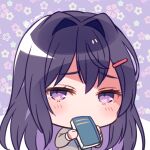  1girl aicedrop bangs blush book book_to_mouth breasts covering_mouth doki_doki_literature_club eyebrows_visible_through_hair hair_between_eyes hair_ornament hairclip holding holding_book long_hair long_sleeves looking_at_viewer purple_eyes purple_hair ribbon simple_background smile solo sweater very_long_hair yuri_(doki_doki_literature_club) 