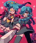  2girls annie_(skullgirls) dress eyepatch gloves green_dress green_hair looking_back mako_gai multiple_girls one_eye_closed ponytail skirt skullgirls smile star_(symbol) superhero sword twintails weapon 