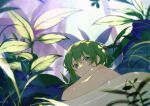  1girl achiki bangs blurry blurry_foreground closed_mouth dappled_sunlight depth_of_field green_eyes green_hair looking_at_viewer looking_back lying nude on_stomach original plant short_hair solo sunlight symbol_commentary under_covers 