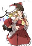  2girls absurdres ascot asyura_kumo black_hair black_legwear blonde_hair blush bow brown_eyes collared_shirt crystal dated detached_sleeves eyebrows_visible_through_hair flandre_scarlet frilled_skirt frills gohei hair_bow hair_tubes hakurei_reimu hat highres holding hug hug_from_behind jumping loafers looking_at_another medium_hair medium_skirt mob_cap multiple_girls open_mouth parted_lips ponytail puffy_short_sleeves puffy_sleeves red_bow red_eyes red_shirt red_skirt shirt shoes short_hair short_sleeves simple_background skirt skirt_set sleeveless sleeveless_shirt standing thighhighs touhou translated white_background white_headwear white_sleeves wings yellow_neckwear 