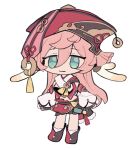  1girl :3 bangs blue_eyes boots chibi chinese_clothes closed_mouth detached_sleeves eyebrows_visible_through_hair genshin_impact hair_between_eyes hat highres horns long_hair pink_hair red_headwear simple_background solo tabemon_oishi tassel white_background yanfei_(genshin_impact) 