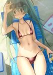  1girl ass_visible_through_thighs bangs beach_chair bikini blue_eyes blue_hair blush breasts can closed_mouth day eyebrows_visible_through_hair eyewear_on_head furuyama_itaru hair_between_eyes hatsune_miku holding holding_can long_hair lying on_back outdoors red_bikini sand small_breasts solo sunglasses swimsuit twintails very_long_hair vocaloid 