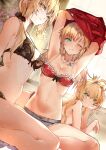  3girls absurdres armpits artoria_pendragon_(all) bangs bare_shoulders black_bra blonde_hair bra breasts character_request cleavage closed_mouth collarbone crown cutoffs denim denim_shorts dutch_angle eyebrows_visible_through_hair fate/grand_order fate_(series) green_eyes hair_over_shoulder hand_on_own_cheek hand_on_own_face highres jewelry looking_at_viewer low_tied_hair lying medium_breasts mini_crown mordred_(fate)_(all) multiple_girls navel necklace on_stomach one_eye_closed red_bra red_shirt saber_alter shirt shorts sitting smile sweat tokopi underwear yellow_eyes 