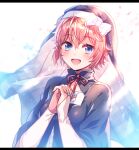  1girl aicedrop blue_eyes bow doki_doki_literature_club eyebrows_visible_through_hair habit hair_bow hands_clasped looking_at_viewer nun open_mouth own_hands_together pink_hair red_bow ribbon sayori_(doki_doki_literature_club) short_hair smile solo 