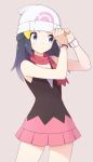  1girl adjusting_clothes adjusting_headwear bare_arms beanie black_shirt blue_eyes blue_hair bracelet cowboy_shot dawn_(pokemon) hat jewelry pink_skirt poke_ball_symbol pokemon pokemon_(game) pokemon_dppt red_scarf s_himapanda scarf shadow shirt simple_background skirt solo thighs white_headwear wristband 