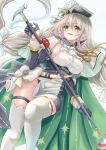  1girl absurdly_long_hair aiguillette aquila_(azur_lane) azur_lane black_headwear breasts cane cape capelet flight_deck gloves green_cape green_hair grey_hair hair_behind_ear hair_between_eyes half_gloves hat highres holding holding_cane italian_flag large_breasts long_hair low-tied_long_hair low_twintails sideboob simple_background solo thigh_strap thighhighs thighs tricorne twintails very_long_hair white_background white_capelet white_legwear yam_(yam6056) 