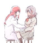  2girls blush character_request copyright_request eyebrows_visible_through_hair grey_hair hair_ornament hairclip hand_under_clothes long_hair looking_at_another multiple_girls pink_hair pito_(sh02327) short_hair simple_background sitting stethoscope sweat white_background yuri 