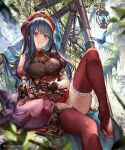  1girl 77gl bangs binoculars black_bow black_hair bow breasts bug butterfly eyebrows_visible_through_hair frilled_legwear hat insect long_hair looking_at_viewer medium_breasts puffy_short_sleeves puffy_sleeves red_eyes red_legwear shingeki_no_bahamut short_sleeves sitting solo telescope thighhighs 