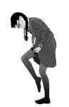  1girl adjusting_clothes adjusting_legwear braid clothes_pull from_side full_body glasses hidari_kagetora leg_up long_sleeves monochrome original pantyhose pantyhose_pull pleated_skirt school_uniform serafuku skirt solo twin_braids 