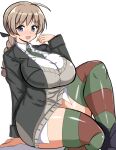  1girl blue_eyes blush braid breasts brown_hair huge_breasts kimisono long_hair looking_at_viewer lynette_bishop multicolored multicolored_clothes multicolored_legwear shiny shiny_hair shiny_skin simple_background single_braid sitting smile solo strike_witches striped striped_legwear sweater_vest thick_thighs thighhighs thighs white_background world_witches_series 