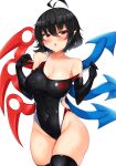  1girl ahoge alternate_costume asymmetrical_wings bangs bare_shoulders black_gloves black_hair black_legwear black_swimsuit blue_wings blush breasts cleavage clothes_pull cowboy_shot elbow_gloves eyebrows_visible_through_hair gloves groin hair_between_eyes highres houjuu_nue large_breasts looking_at_viewer navel one-piece_swimsuit open_mouth pointy_ears red_eyes red_wings short_hair simple_background solo standing sweat swimsuit swimsuit_pull thighhighs thighs tokoya_(ex-hetare) touhou white_background wings 