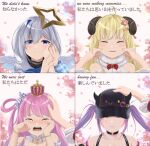  5girls absurdres amane_kanata angel_wings bilingual blonde_hair blue_hair blush bracelet candy_hair_ornament cheek_pinching choker colored_inner_hair commentary crown crying english_commentary english_text eyebrows_visible_through_hair eyes_visible_through_hair food-themed_hair_ornament gardavwar hair_ornament hair_over_one_eye hairclip hand_on_another&#039;s_cheek hand_on_another&#039;s_face hat headpat highres himemori_luna holoforce hololive horned_headwear horns jewelry kiryu_coco mini_crown multicolored_hair multiple_girls o-ring o-ring_choker one_side_up open_mouth pinching pink_hair purple_hair sheep_horns silver_hair streaming_tears tearing_up tears tokoyami_towa tsunomaki_watame twintails two-tone_hair virtual_youtuber wings 