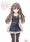  1girl arashio_(kancolle) artist_logo artist_name black_legwear brown_eyes brown_hair buttons character_name commentary_request cowboy_shot dress flat_chest frilled_dress frills highres kantai_collection long_hair long_sleeves looking_at_viewer pantyhose pinafore_dress remodel_(kantai_collection) shirt simple_background solo t2r white_background white_shirt 
