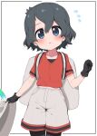  1girl backpack bag black_gloves black_hair black_legwear blue_eyes blush commentary_request cowboy_shot eyebrows_visible_through_hair flying_sweatdrops gloves grey_shorts hat hat_feather hat_removed headwear_removed kaban_(kemono_friends) kemono_friends looking_at_viewer pantyhose ransusan red_shirt shirt short_hair short_sleeves shorts solo t-shirt 