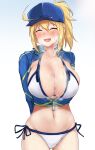  1girl :d ^_^ absurdres ahoge arms_behind_back artoria_pendragon_(all) ass_visible_through_thighs baseball_cap bikini blonde_hair blue_headwear blush breasts cleavage closed_eyes collarbone cowboy_shot cropped_jacket eyebrows_visible_through_hair facing_viewer fate/grand_order fate_(series) hair_between_eyes hair_through_headwear hat heavy_breathing highres large_breasts mysterious_heroine_xx_(fate) navel open_mouth ponytail poshi_(ginmokusei) shrug_(clothing) side-tie_bikini simple_background smile solo sweat swimsuit white_background white_bikini zipper 